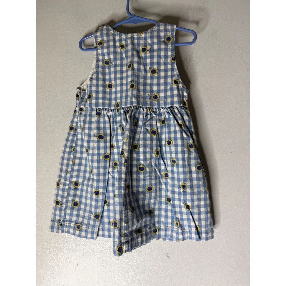 Vintage OshKosh B'gosh Sunflower Gingham Pinafore Dress Blue White 4T USA Made